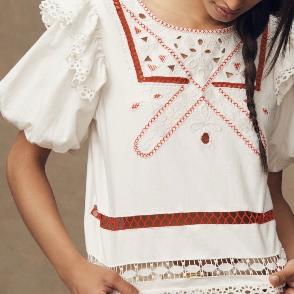 Anthropologie Cream and Red Lace Blouse